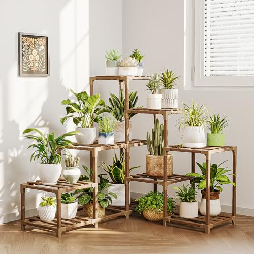 Bamworld Corner Plant Shelf - Outdoor/Indoor Wooden Flower Stand Ladder for Multiple Plants - Perfect for Window, Garden, Balcony, Living Room