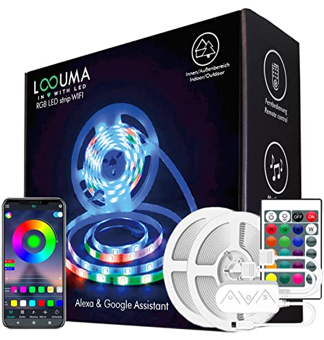 LOOUMA WIFI RGB LED STRIP 10m (2x5m), Smarter WIFI LED-Streifen 10m (2x5m), kompatibel mit Amazon alexa led strip und Google Assistant, led strip wasserdicht IP65 [Energieklasse A]