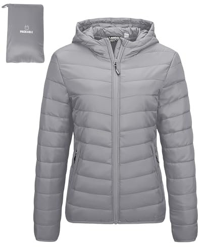 Outdoor Ventures Women's Winter Lightweight Puffer Jacket with Hood, Warm, Short, Packable, Quilted, Transitional, Padded Jacket for Ladies, Lined for Hiking, Travel Foggy Blue L