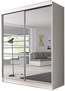 mb-moebel Armoire de Chambre avec 2 Portes coulissantes et Miroir l Dressing Garde-Robe Penderie (Tringle) avec étagères BEN20 (203x218, Blanc)