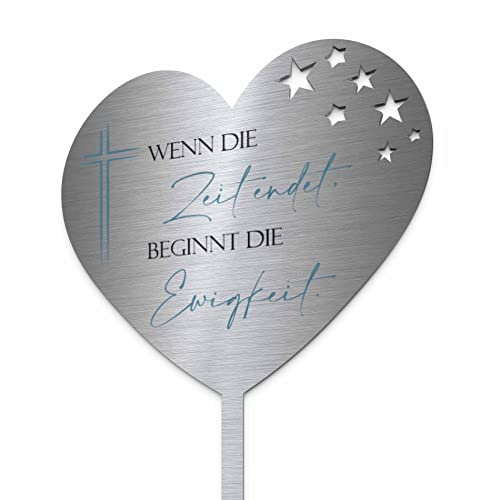 Edelstahl Grabstecker - Blumenstecker | Personalisiertes Sternenkind Andenken - Sternenkinder Grabschmuck Herz wetterfest | persönliche Kindergrab Deko - Grabherzen mit Spruch (Festes Design)