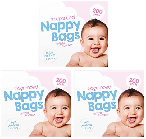 Nappy Bags - Disposable Baby Nappy Sack - Easy Tie Handles Diaper Bag -Nappy Bin Waste Sacks Bags- Scented Nappy Bags -For Home, Travel, Pets (600 Pack)