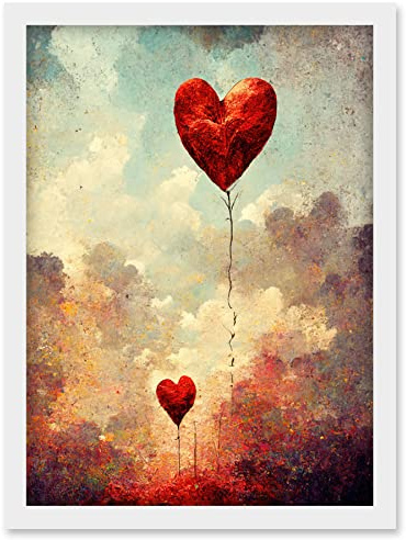 Doppelganger33 LTD Modern Abstract Floating Red Love Heart Balloons Artwork Framed Wall Art Print A4