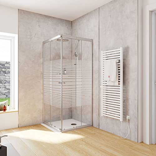 Schulte Duschkabine Corner Eckeinstieg mit Schiebetüren Silberfarben 4 mm Sicherheitsglas (ESG) Dekor Querstreifen 80x75 cm, Montage auf Duschwanne oder Fliese