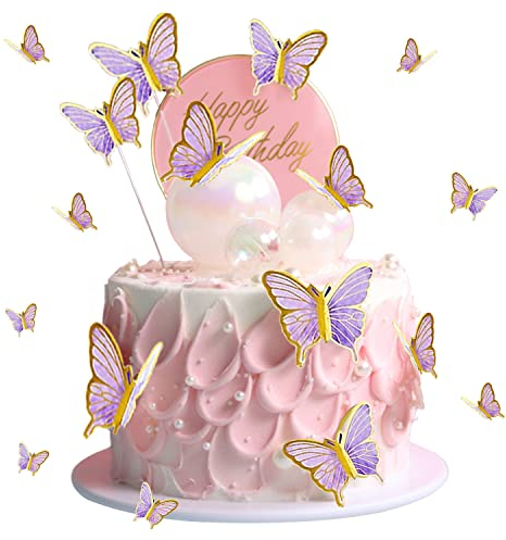 30 Stück Schmetterlings-Kuchendekorationen, Glitzer, 3D-Schmetterlings-Cupcake-Topper, gemischte Größe, Schmetterlings-Cupcake-Topper, lila Schmetterlings-Kuchendekorationen für Wanddekoration