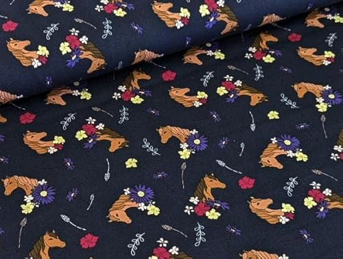 Baumwolljersey Pferdeglück mit Blumen auf Dunkelblau Stoff Meterware Jersey