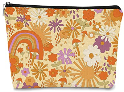 BARPERY Make-up-Tasche im Retro-Stil der 60er und 70er Jahre, Hippie-Blumen, Regenbogenfarben, Vintage-Boho-Stil, Kosmetiktasche, beste Geschenkidee für Teenager, Mädchen, Frauen, Mädchen, Frauen,