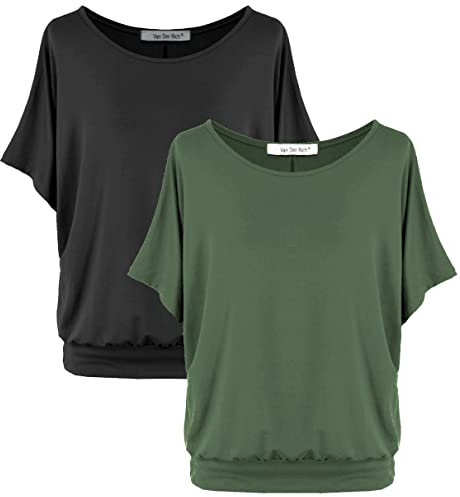 Van Der Rich ® - (2 Stück Tshirt Tops Oberteile Kurzarm Bluse - Damen (NKhaki, XXL)