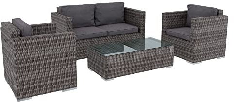 Salotto Da Giardino Salottino in Rattan Set Di Mobili 4 Posti con Tavolino E Ripiano In Vetro Divano 2 Posti E 2 Poltrone Per Terrazzo Esterno Piscina Balcone Cuscini Sfoderabili Colore Grigio