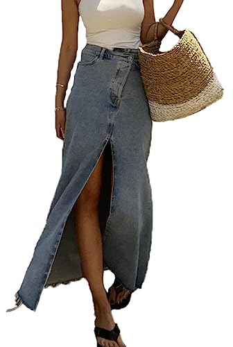 ticticlily Gonna Lunga Estiva Donna Jeans Mid-Lunghe Maxi-Lunghi Gonne Casual Denim Elegante A Vita Alta con Spacco Streetwear A4 Blu L