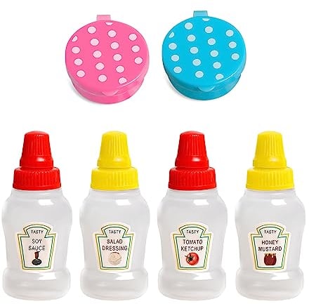 4 Mini Sauce Containers with 2 Pieces Condiment Boxes, Household Mini Condiment Bottles, Squeeze Style Sauce Bottles with Lids, Convenient Mini Condiment Dispenser, Suitable for Camping, Picnic