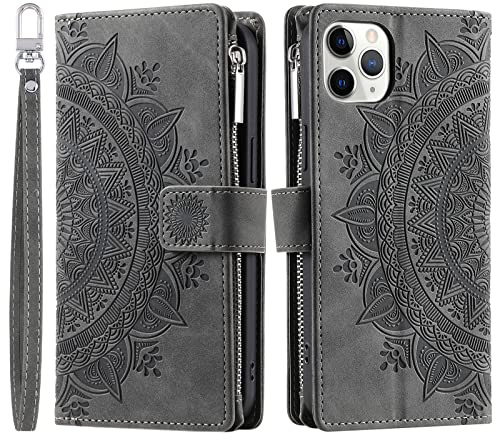 VEEMOS Wallet Case for iPhone 11 Pro Flower Flip Case Protective Leather Folio Book Phone Cover with Card Slots Kickstand Zipper Pocket - Grey