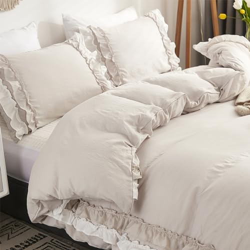Wotcsil Beige Rüschen Bettwäsche Set für Frauen Mädchen Rüschen Einzelbett Bettbezug Set Einfarbig Bettbezug Shabby Chic Retro Doppelschicht Rüschen Rand Design mit Kissenbezug