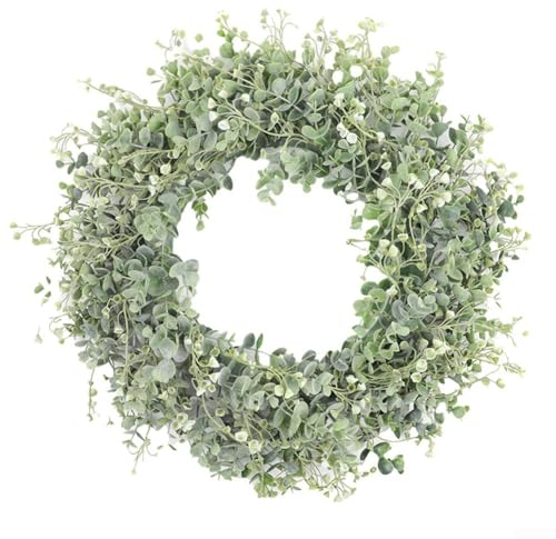 Emiif Eucalyptus Wreath for Front Door, 20 Inch Eucalyptus Wreath with Olive Leaves, Handmade Green Spring Summer Wreaths