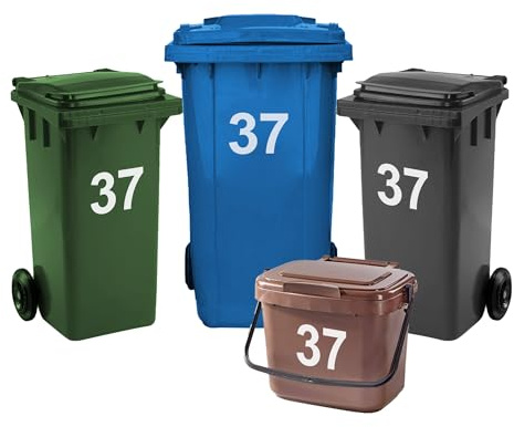 Rubigo 4 x Bin Numbers for Wheelie Bins, 0-99, Letters A-D, 17.5cm Dustbin Stickers, Easy Application Stick On Number Stickers - Weatherproof Self Adhesive Vinyl (37)