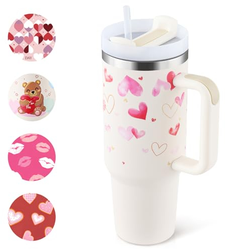 PRAOAHEI 40oz Thermobecher mit Strohhalm und Henkel, 1180 ML Edelstahl Heiße Kalte Getränke Vakuum Trinkbecher, Geschenk für Frauen Liebhaber Freunde, Weiß