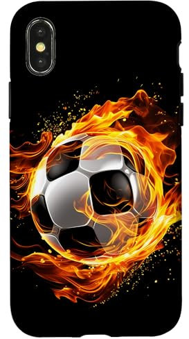 We Love Soccer iPhone X/XS Case mit brennendem Fußball-Design, Schutzhülle aus Polycarbonat und TPU, Robuster Schutz