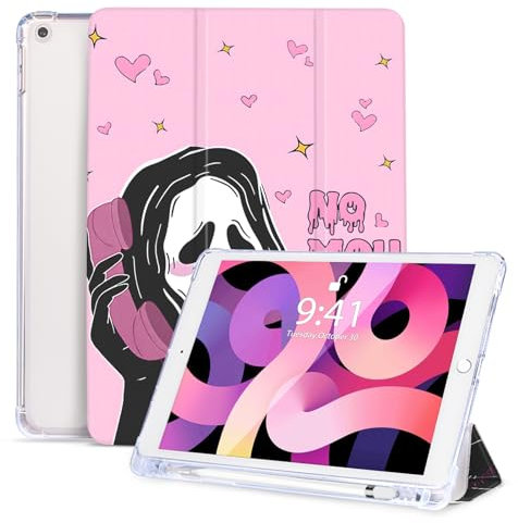 Vozehui Case for iPad 10.2 Inch 9th/8th/7th Generation With Pencil Holder, Auto Sleep/Wake - Ghost Scary Face Design for Women, Men, Kids, Girls, Boys - Pink