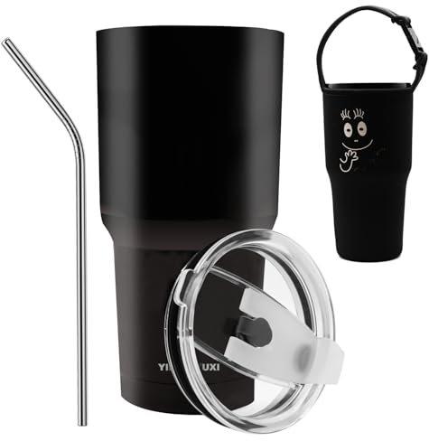 YININGYUXI Camelback Isolierter Edelstahl-Reisebecher mit Strohhalm, 900 ml, für heiße und kalte Getränke, Schwarz