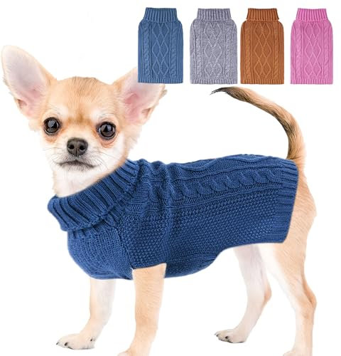 Hundepullover mit Zopfmuster, Rollkragen, Haustierkleidung für kleine Hunde, Welpen, warmes Winteroutfit für Chihuahua, Katzen, Blau, Größe S