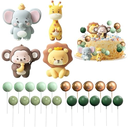 Cake Topper Geburtstag: PRITOK 24 Stück Tiere Kuchendeko, Dschungel Deko Geburtstag, Giraffe, Löwe, Elefant, Affe, Kuchendekoration, Kuchendekoration, Mini-Ballons für Hochzeit Party Babyparty
