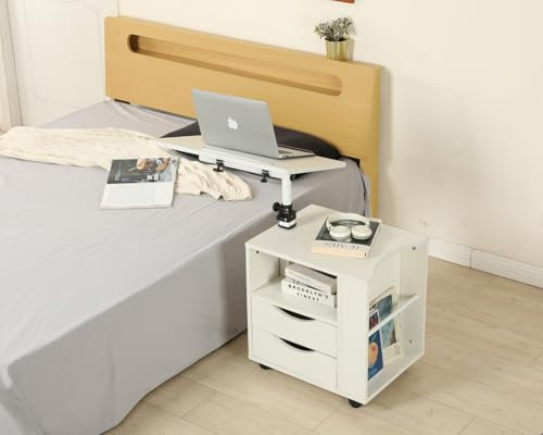 Emall Life (Ausverkauf) funktioneller drehbarer Nachttisch aus verstellbarem Holz mit Schubladen, Rädern und offenem Regal (White L)