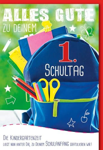 Verlag Dominique Einschulungskarte: Fröhlicher Rucksack mit Stiften und Lineal - Bunte Glückwünsche zum Schulstart - mit Umschlag