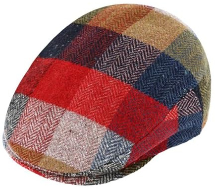 fiebig Flatcap mit Karo Patches | Wollmix Schirmmütze aus Schurwolle | Newsboy Cap mit Schirm (58-L, Rot)