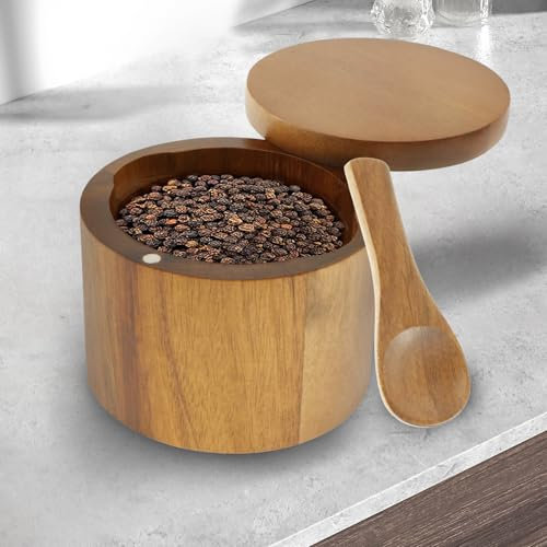 Salière et poivrière en acacia à 2 compartiments avec cuillère intégrée et couvercle pivotant magnétique rond pour la cuisine, le sel, les épices, les assaisonnements pour stocker le sel, le poivre,