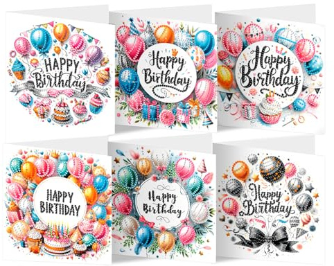 6PCS Diamond Art Birthday Cards, 5D DIY Diamond Painting Birthday Greeting Card Kits with Envelopes, Handmade Diamond Painting Cards for Birthday Thanksgiving Crafts Gift