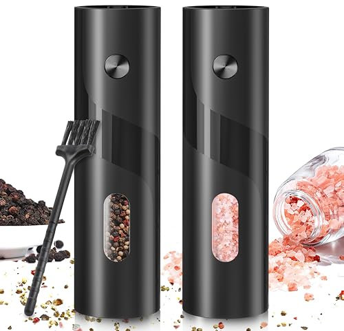 Electric Salt and Pepper Grinder Set, Large Capacity 4.2oz Spice Mills with Adjustable Coarseness, Battery Operated, One Touch Operation Pepper Mill with LED Light, Ceramic Grinder (2 Pack)