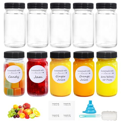 Amentalove 10 Pièces 60ml Mini Bouteille Verre, Petite Bouteille en Verre, Bouteilles Jus, Bouteilles en Verre, Réutilisable Mini Bouteille Shot avec Entonnoir pour Jus de Fruits, Jus de Gingembre