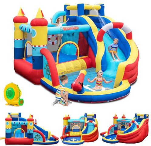 GOPLUS Château Gonflable Pirate,avec Toboggan,Pistolet à Eau et Trampoline,Piscine et Mur d'escalade, pour 3-4 Enfants 3-12 Ans Jusqu’à 120KG,360X290X200CM (Pirate+Gonfleur 680W)