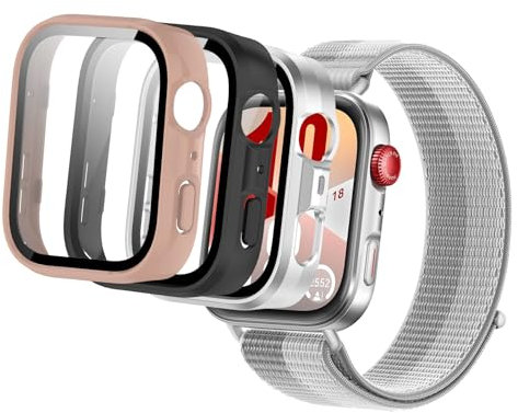 MEMELOKA Cover per Huawei Watch Fit 4 con Vetro Temperato[3 Pezzi], Ultrasottile Rigida PC Case Protettiva Anti-Graffio e HD Clear Pellicola Protettiva, Rosa + Argento + Nero