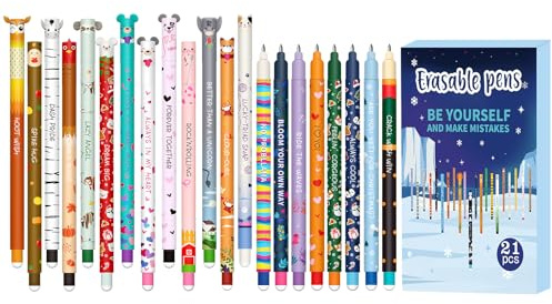 ZappelStift Radierbarer Gelschreiber - 21PCS Radierbaren Gelstiften Set, mit thermoempfindlicher Löschtinte, einer Vielzahl von Tintenfarben und Schaftdesigns, 0,7 mm Spitze