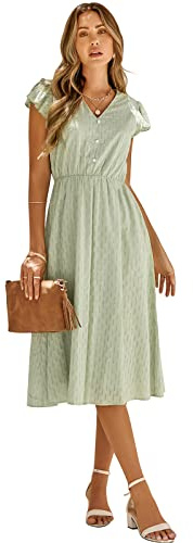 HEYPORK Damen Frühling Sommer Rock Bequem Lässig Kleider Elegant Röcke Frauen V-Ausschnitt Solide Farbe Lotus Blatt Ärmel Lässig Langes Kleid