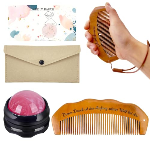 Geburtskamm und Massageball Set, Wehenkamm für Schwangere Frauen, Arbeitskamm Holz mit Stoffbeutel, Schwangerschaft Geschenk für Werdende Mutter, Holzkamm Entbindungsutensilien, Gegen Wehenschmerzen