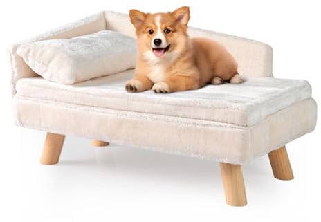 SOARS Hundesofa, Katzensofa mit Rückenlehne, Kissen & Holzbeinen, Hundecouch für kleine Hunde, Hundebett erhöht, Haustiersofa, 71 x 43 x 40 cm, Beige