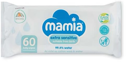 Mamia Extra Sensitive Baby Wipes, 99.4% Water, Plastic Free, Suitable from Birth, 60 Wipes, Pack of 6