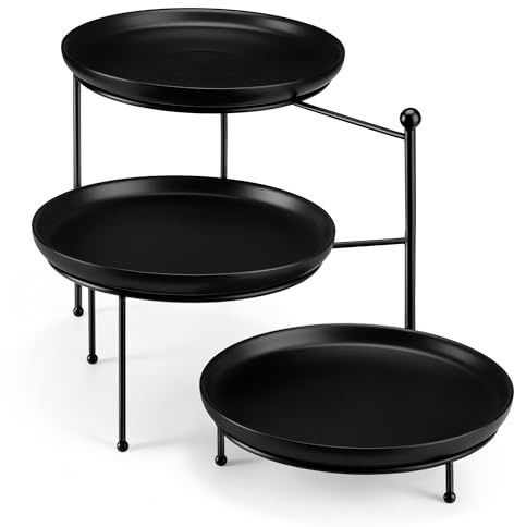 MALACASA Black 3 Tier Serving Tray Stand, 10 Inch Porcelain Tiered Dessert Stand, Cupcake Fruit Display Tower, Serving Platters for Party, Food Display Stand, Appetizer Tray, Dessert Table Display
