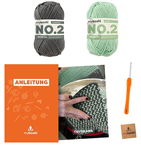 myboshi Häkelset Topflappen Toyokawa, inkl. No.2 Wolle, Nadel und Anleitung, Häkelpaket, 85% Baumwolle, 15% Kapok Grün, Grau, mit Häkelnadel
