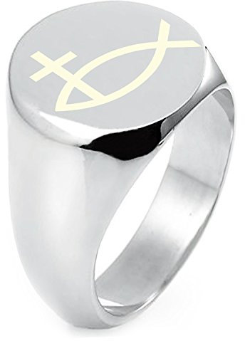 Argent Fin Ichthus Croix Symbole Poisson Gravé Ronde à Toit Plat Bague Anneau, Taille 62