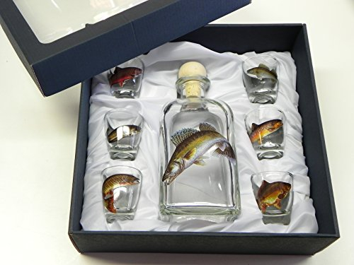 GTK - Geweihe & Trophäen KRUMHOLZ 7-teiliges Schnaps Gläser Set mit Fisch Motive + Karaffe mit Zander