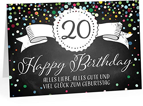 XXL Geburtstagskarte (A4) | Tafel Look Konfetti | mit Umschlag | Glückwunsch zum 20. Geburtstag | edle und hochwertige Klappkarte | Grußkarte | Maxikarte extra groß