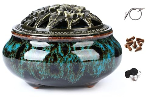 LamDawn Censer Sky Blue Incense Burner with Calabash Incense Stick Holder - Porcelain Charcoal Censer for Use with Resin Granular Powder Cone or Coil Incense (Blue Fambe)