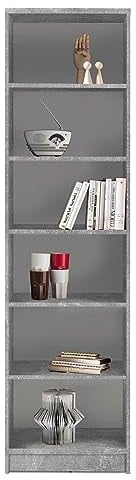 Wohnzimmerregal Standregal Bücherregal | 6 Fächer | Dekor | Betonoptik | Weiß | BxHxT: 54x198x34 cm