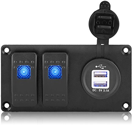 Keenso RV LED Wippschalter Panel, Boot 12V-24V 2 Gang LED Kippschalter Panel mit 3.1A USB-Anschluss Wasserdicht für Auto RV Boat Yacht Marine (2 Gang 12-24V Blau)