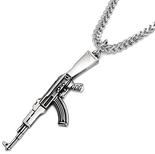 Schmuck-Checker Kalaschnikow AK-47 Anhänger aus Edelstahl mit 60cm Halskette Silber Maschinengewehr Sturmgewehr Kette Männer Herren Schmuck