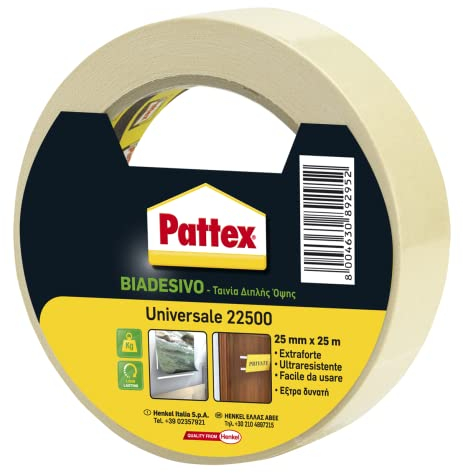 Pattex 22500 Biadesivo Telato, Forte, Universale, Per Numerosi Utilizzi Domestici e Fai da Te, 25mmx25m