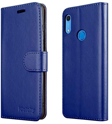 iCatchy For Huawei Y6s Case Leather Wallet Book Flip Folio Stand View Pouch Compatible with Huawei Y6s 2019 Phone Cover (Blue)